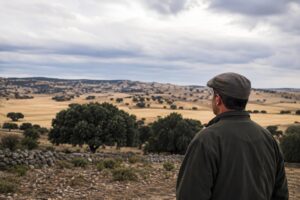 Ganadero observando una dehesa de Salamanca relacionada con la gestión de derechos PAC