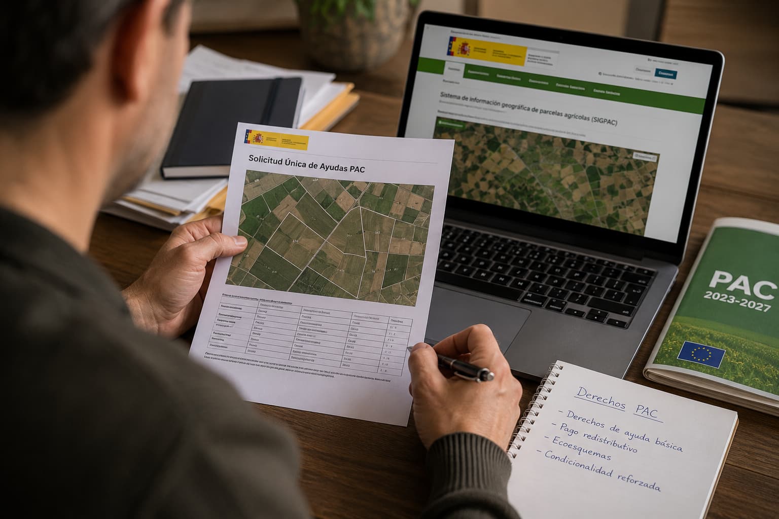 Persona revisando documentación de derechos PAC, solicitud única y mapas SIGPAC