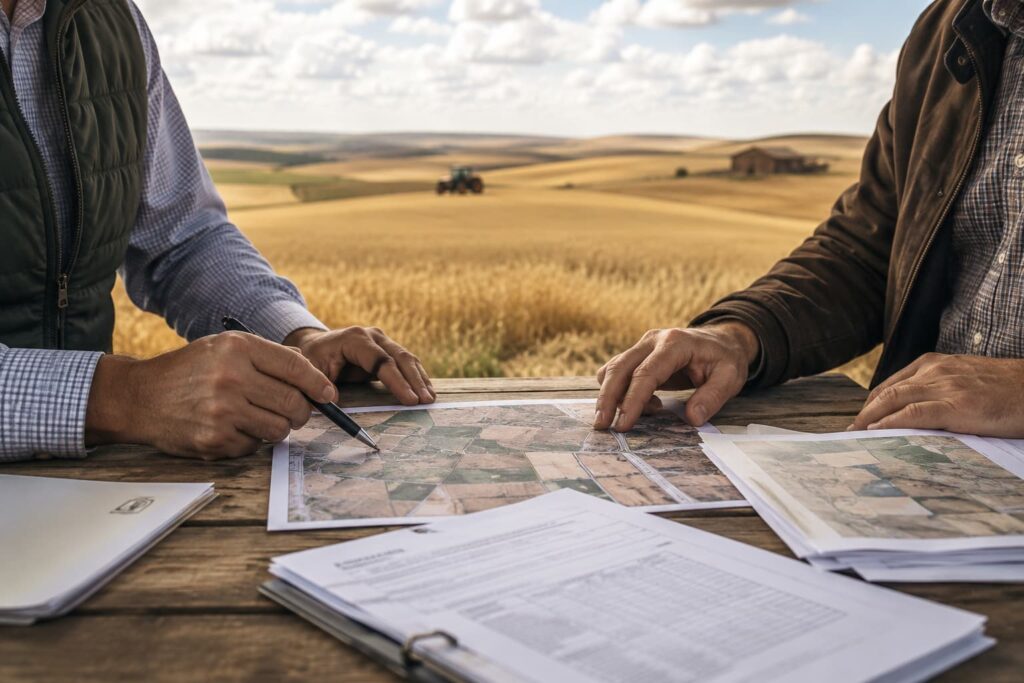 Manos revisando mapas y documentación para la compra y venta de derechos PAC en Castilla y León