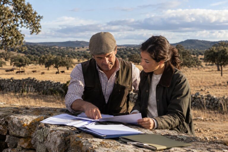Agricultor y asesora revisando documentación para la cesión de derechos PAC en una explotación ganadera de Salamanca