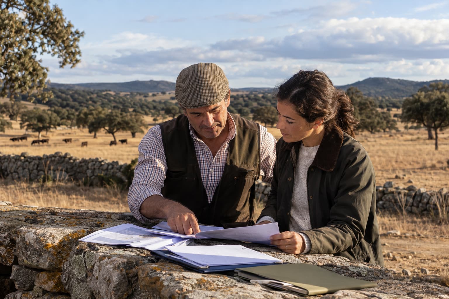 Agricultor y asesora revisando documentación para la cesión de derechos PAC en una explotación ganadera de Salamanca