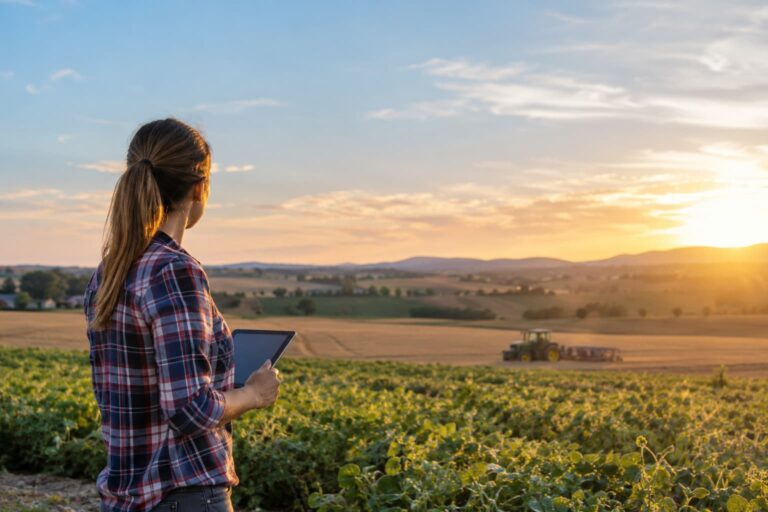 Joven agricultora trabajando en una explotación agraria con una tablet.